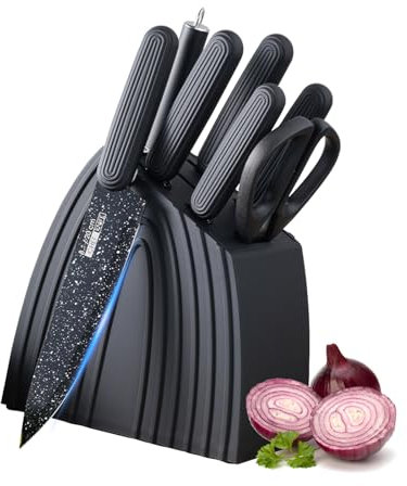 Justup Messer Set, Messerblock mit Messer, 8-teiliges Scharfes Messerblock Set für Küche, Antihaft Rutschfestes Edelstahl-Küchenmesserset mit Block, Professionelles Kochmesser Set (Schwarz)