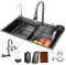 Fulgutonit Waterfall Kitchen Sink, Multifunctional Smart Sink with Waterfall Faucet, Matt Black Composite Kitchen Washbasin with Cup Washer Drain Basket Basin & 4 Spray Modes, 75x46CM