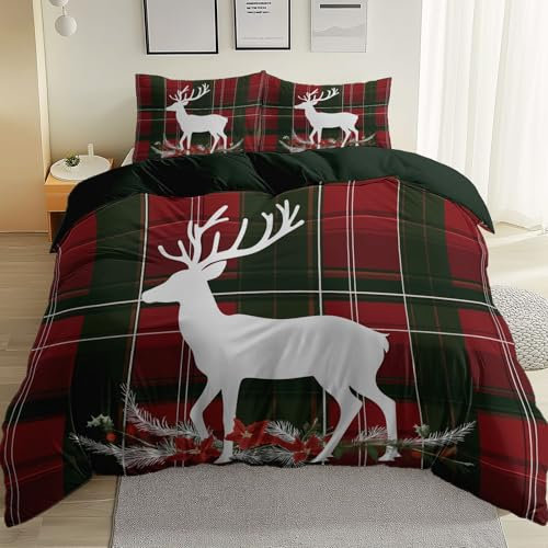 Housse de Couette Traditionnel Noël À Carreaux Motif, Vert Foncé Parure de Lit Microfibre pour Adultes Enfants Filles, Housse de Couette 200 x 200 cm Set avec 2 Taie d'oreiller 65x65 cm