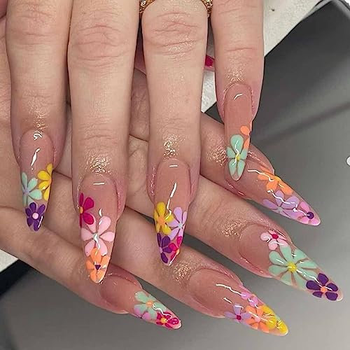 Shimmerz 24 Piece Stiletto Long Stick-on Nails Acrylic False Nails Summer Nails Floral Design Luxurious Clear False Nail Tips for Women