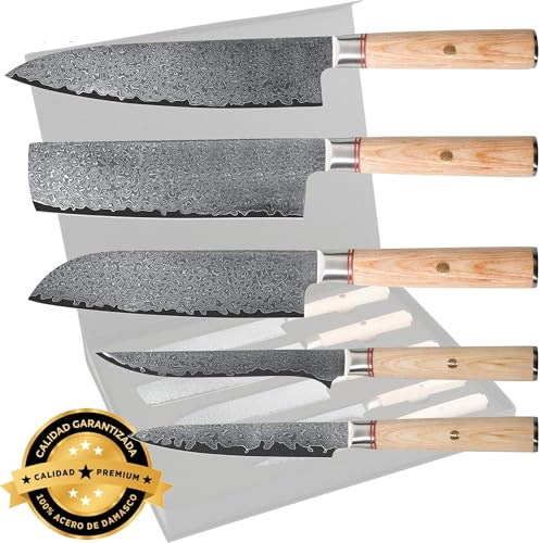 Cassary Set de cuchillos de acero de Damasco con con mango de madera Juego cuchillos cocina japoneses de acero de Damasco Cuchillos damasco profesionales para todo tipo de cocineros (Set 5)
