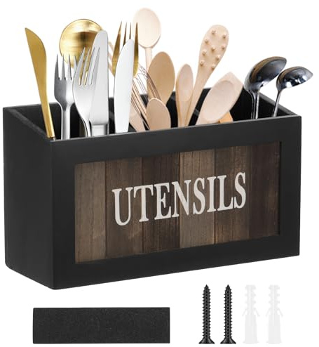Wooden Kitchen Utensils Holder Kitchen Cooking Utensil Organizer with 3 Detachable Compartments Solid Real Wood Utensil Organizer Vintage Cooking Tools Storage Cutlery Caddy for Countertop(Black)
