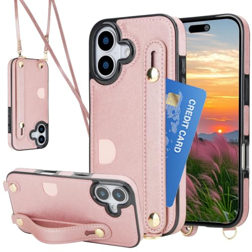 Fofvccv Handykette für iPhone 17 Hülle mit Band - KB Rose | Stoßfeste PU Leder Handyhülle mit Kartenfach Handgelenkband Ständer Crossbody Case Frauen Geldbörse für iPhone 17