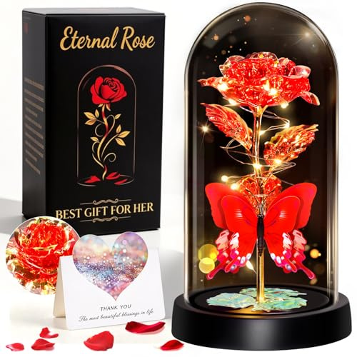 HAOCEE Rose Cadeau Femme,Rose Éternelle avec Papillons&LED(Rouge-Or) | Rose Galaxie Verre Cadeau pour Noel, La Fête des Mères, Saint Valentin, Anniversaire Hochzeitstag Elle,Maman,Femme,Grandmère