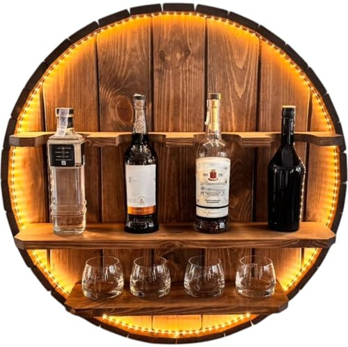 weeco Runde Holz Wandbar mit LED-Beleuchtung, 80 cm Durchmesser, Massivholz, Wandmontage für Spirituosen und Gläser, Inklusive Fernbedienung