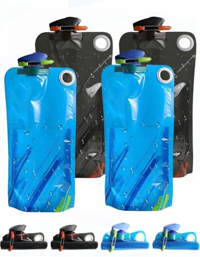 LINYIJOY 4 Stück Faltbare Trinkflasche 1000ml Wiederverwendbare BPA-frei Wasserflasche mit Clip für Outdoor Sport Wandern Reisen Radfahren Festival Faltbare Wasserflasche 1L Set(2 Schwarz 2 Blau)