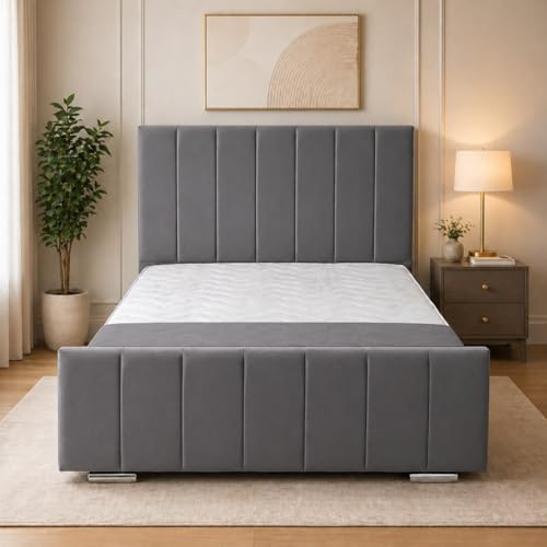 Kensington Upholstered Bed Frame – Luxury Plush Velvet Platform Bed Frame with 48 Inch Headboard – Modern Strong Durable Wooden Bed Frame for Bedroom-(Grey, Double)