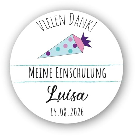 24 personalisierte DANKE Aufkleber zur Einschulung | personalisiert mit Wunschnamen & Datum | VIELEN DANK Schultüte Zuckertüte | Gastgeschenke, Mitgebsel | Einschulungsdeko Etiketten 4 cm (mint)