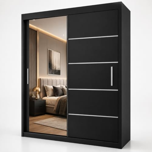 Modern Linden Sliding Door Wardrobe – freestanding bedroom armoire with heavy-duty hanging rails & adjustable shelves. Space-saving clothes organizer. Available in 5 Sizes & 4 colors (Black, 180cm)