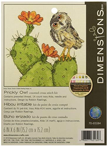 Dimensions Counted Cross Stitch Kit 'Prickly Owl' Cactus Pattern, 14 Count Ivory Aida Cloth, 6 x 6 Point de Croix compté: épineux, Coloris Assortis, Un