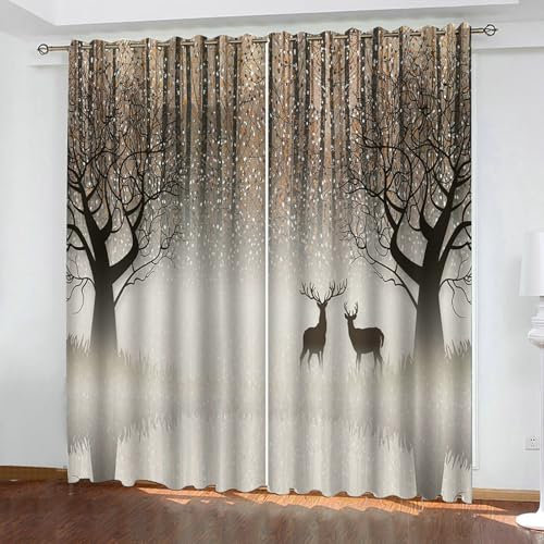 Bishilin Vorhänge Blickdicht mit Ösen 214x138CM, Verdunklungsvorhänge 2er Set Wald Hirsche Gardinen Polyester Schlafzimmer Kinderzimmer Jugendzimmer