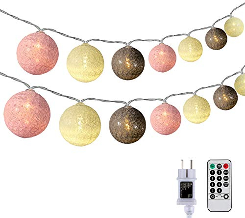 DeepDream Guirlande Lumineuse Coton Boules, 6.6M 30 LED Chaîne Lumière Avec Prise, Guirlande Lumineuse Intérieure avec Télécommande pour Chambre de Bébé Mariage Chambre Noël Fête(Rose)