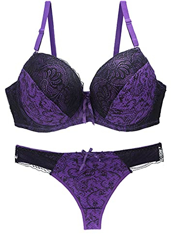 VSEISNOO Sexy Lace Floral Padded Push up Bra Sets Lingerie Matching Knickers Panties Thong Underwear Sets for Women