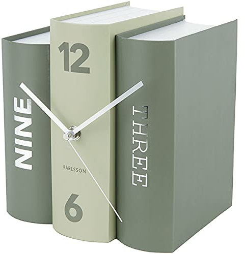 Karlsson KA5756GR Tischuhr, Trompe-L'Oeil-Bücher, Buch, Grün, Fester Karton und Metall, H20 x 20 x 15 cm