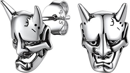Suplight 925 Sterling Silver Demon Oni Earrings Gothic Jewelry Devil Punk Skull Stud Earrings for Men Women