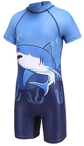Aisyee Maillot de Bain 1 pièce à Manches Courtes pour garçon - Rashguard - pour Enfants de 3 à 14 Ans, Requin Bleu, 13-14 Ans