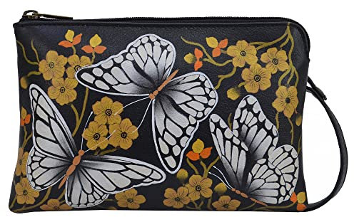 Anna by Anuschka Damen Slim Crossbody Handbemalte Umhängetasche, echtes Leder, schmal, Schmetterlingsdämmerung, Butterfly Dusk