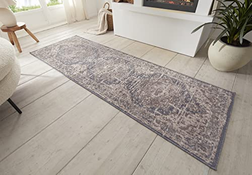 Hanse Home Sand Vintage Teppich – Orientalischer Kurzflor Wohnzimmerteppich Weicher Orient-Teppich Läufer für Schlafzimmer, Esszimmer, Wohnzimmer, Flur, Küche – Creme Blau, 80x200cm