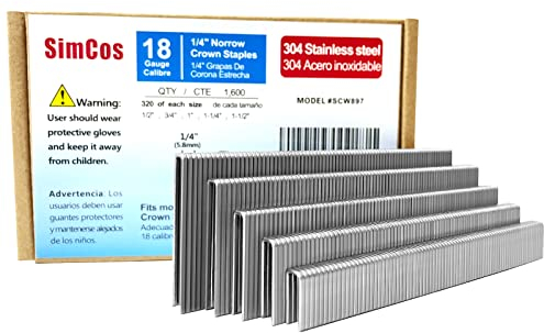 SimCos 18 Gauge 304 Edelstahl, 1/4 Zoll, schmale Krone, Heftklammern (3,8 cm, 3,8 cm, 2,5 cm, 1,9 cm, 1/2 Zoll), sortiert, 1600 Stück für pneumatische oder elektrische Heftgeräte oder Heftpistole