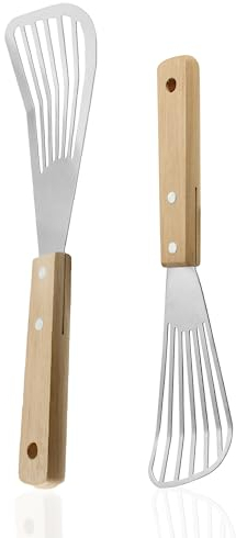 Hitefu 2 geschlitzte Pfannenwender, Edelstahl-Fischwender mit Holzgriff, hitzebeständiges Metallspatel-Set zum Kochen, Wenden, Braten, Grillen