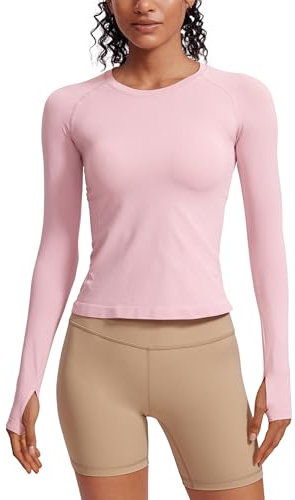 CRZ YOGA Damen Nahtlos Sport Langarmshirt mit Daumenloch Ribbed Laufshirt Gym Oberteil Tops Fitness Langarm Tshirt Graues Rosa 36