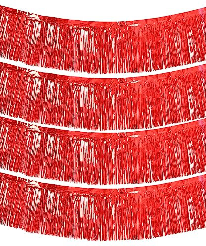 BigTree 4 Packs 10 Feet Long Foil Fringe Garland Shiny Metallic Tinsel Wall Hanging Banner for Car Parade Floats Wedding Birthday Parties Ceremonies Baby Shower Garden Decorations (Red)