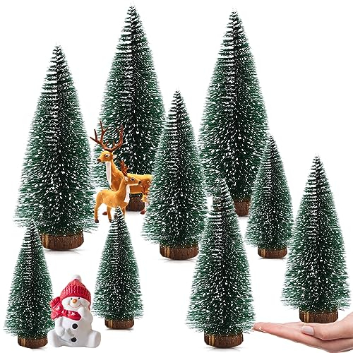 Mini Künstlich Miniatur Tannenbaum, Künstlicher Christbaum Tisch, Weihnachtsbaum Schnee Klein mit Holzsockel, Mini Christbaum Tree, Für Tischdeko,Weihnachten, 10/15/20CM – 9 Stück