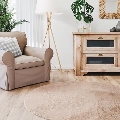 Interiyou Fargo - Teppich Wohnzimmer 80x80 cm Rund Taupe - Kurzflor Waschbar und rutschfest - Flauschiger Fellteppich aus Kunstfell - weicher Langflor Fell