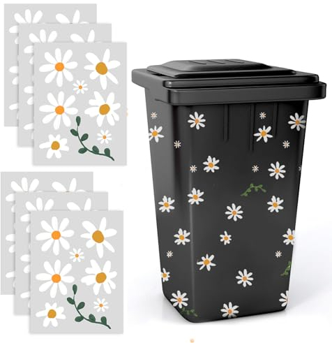 Wheelie Bin Stickers Flowers, 6 Sheets Daisy Flower Dustbin Stickers Outdoor Self-Adhesive Daisy Wheelie Bin Stickers Decorative Bin Labels for Bins