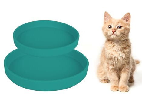 Lollanda - Feeding Bowl for Cats, Set of 2, Silicone Feeding Bowl, Drinking Bowl, Oval, Silicone Bowl Wide for Dry Food and Wet Food (Dark Green)