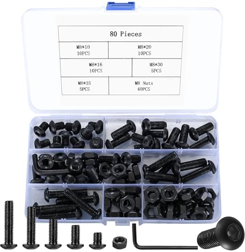 80 Pz M8 Viti Bulloni e Dadi Kit, Viti a Brugola in acciaio legato, Bulloni Viti a Testa Esagonale e Dadi Set, Vite a Testa Bottone Brugola con Dado, Viti a Testa Cilindrica Esagonali