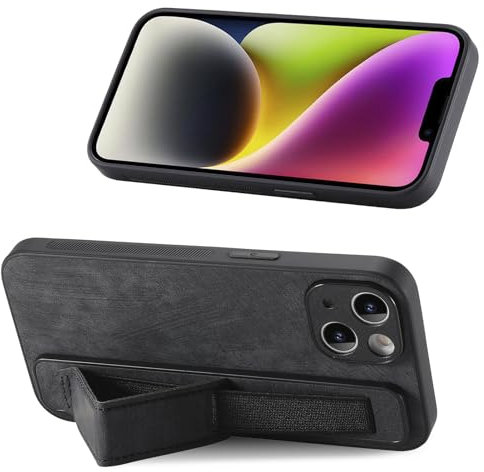 Draamvol for iPhone 11 Case with PU Leather Wrist Strap Kickstand Shockproof Bumper Standing Grip Case Protective Soft TPU Slim Fit Cover for iPhone 11 Phone Case,Black