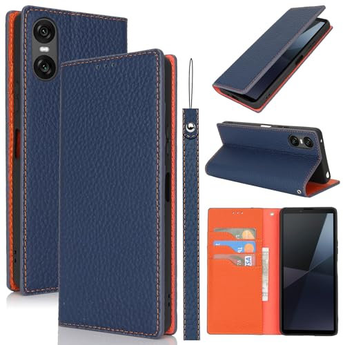 Cavor Phone Case compatible with Sony Xperia 10 VI Case with Strap,Genuine Leather Flip Wallet Case,[3 Card Holder][Magnetic][RFID-Blocking] Protective Case Cover - Dark Blue