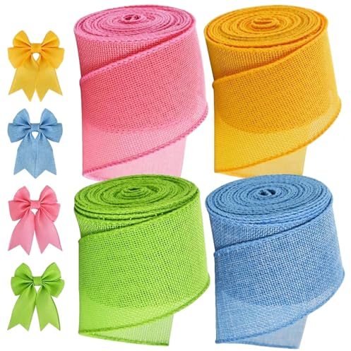 Ostern-Bänder mit Draht – Sackleinen-Pastell-Osterband | 4 Rollen Osterhasen-Bänder mit Drahtrand, 200 x 5 cm Drahtband, Osterkranz-Dekoration, Osterband, Geschenkpapierbänder für Geschenkverpackungen
