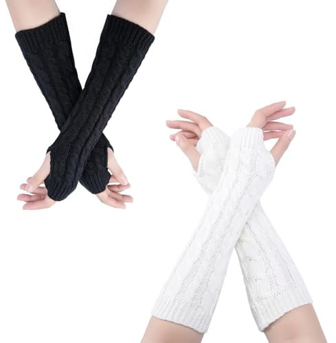 GFTCGK 2 Paar Armstulpen Damen, Gestrickte Fingerlose Handschuhe, Feinstrick Lang Handwärmer Stulpen, Warm Strick Pluswärmer Armwärmer für Damen
