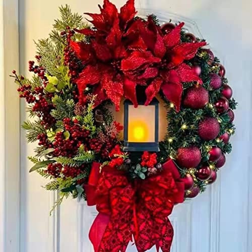 40cm Türkranz Weihnachten, Weihnachtskranz Haustür, Adventskranz Künstlich mit Laterne, Kugeln, Beeren & Schleifen, Türkranz für Weihnachten, Innen & Außen (Rot)