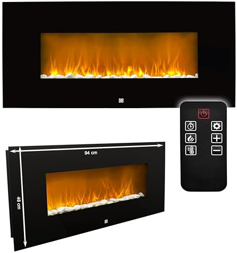 Wandkamin Elektrokamin + Fernbedienung | Heizlüfter, Kaminofen, Elektro, Heizung | 2000W | Kamin mit Fernbedienung, Timer und Thermostat | 94cm