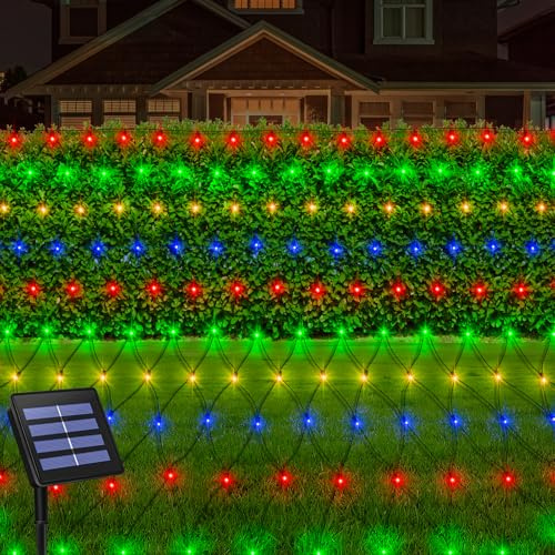 echosari Solar Powered Net Lights, 200 LED 9.8Ft x 6.6Ft Bush net Lights Dark Green Wire Auto On/Off 8 Modes for Bushes Shrubs Lawn Decor (Multicolor)
