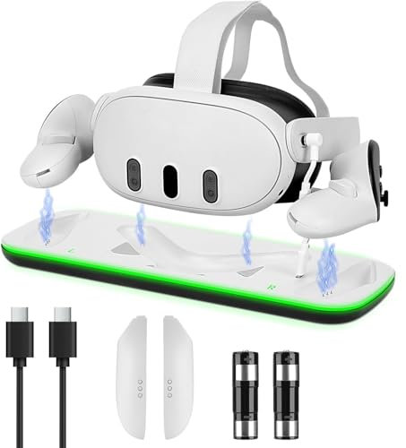 Stazione di ricarica per Meta Queste 3 batteria con luce LED, USB, supporto di ricarica VR, induttivo, per cuffie e controller, stazione di ricarica con 2 batterie, ricaricabile/tipo C, bianco