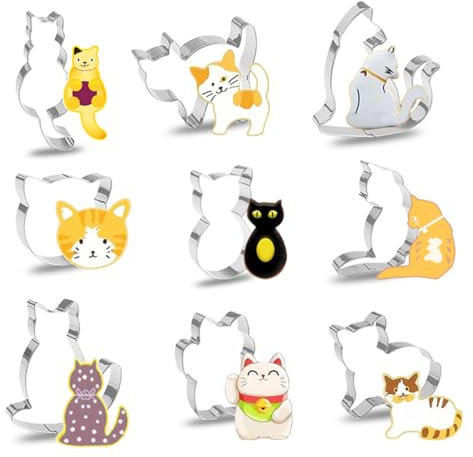 9 pcs Cat Cookie Cutters Set Cute Cat Shapes Body Cookie Cutters Stainless Steel Cookie Cutter for Making Party Cookies