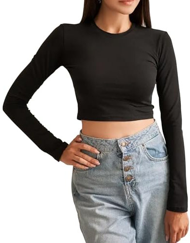 Solid Color Women's Summer Crop Tops, Long & Short Sleeve Going Out Basic Tops, Fashion Sexy Tight Cropped Tee Shirts (UK, Alpha, S, Regular, Regular, Black, Long Sleeves)