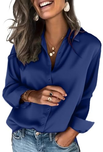 Zeagoo Damen Bluse Satin V-Ausschnitt Satinblusen Elegant Langarm Oberteil | Button Down Business Shirts Lässige Hemden Tops S-XXL