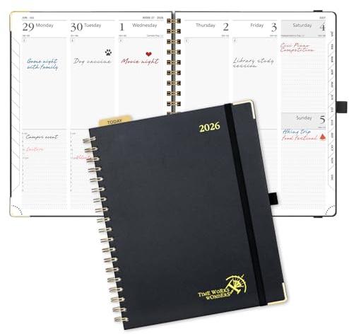 POPRUN TJ-26-WEHB5-BK Planer für 2026, 25,4 x 20,3 cm, Spiralbindung, fester Einband, Tages-, Wochen- und Monatskalender, Agenda 2026 (Jan.2026-Dez.2026) mit Stundenplan, Schwarz