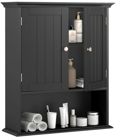 COSTWAY Bathroom Wall Cabinet, Wooden Storage Cupboard with Double Door, Adjustable Shelf and Compartment, Wall Mounted Medicine Cabinet for Living Room Kitchen Hallway (with Metal Handles, Black)