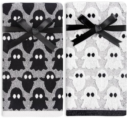 Quera 2 Stück Handtücher Halloween Geist schwarz weiß Badezimmer dekorative Handtücher Set zum Trocknen, Reinigen, Kochen, Urlaub, 34,9 x 75,1 cm