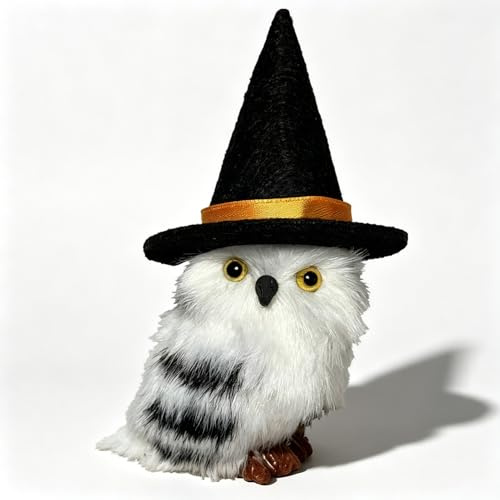 Herreicher Owl Plüscheule mit Hexenhut Magische Schneeeule Kuscheltie Halloween Dekoration Ornament Pelzige niedliche Eule Modell Fantasy Zimmer Dekoration