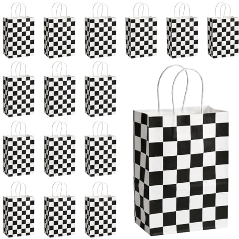 SOFPLATE 16 Stück 5.9 x 3.2 x 8.3 Zoll Karierte Papiertüten Mit Rennauto Geschenktüten Rechteckig Schwarz Weißes Schottenmuster Gittermuster Einkaufstüten Für Geburtstags Rennauto Partygeschenke Gesch