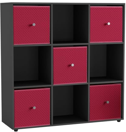 URBNLIVING 9 Cube Storage Unit with 5 Foldable Fabric Drawers, Wooden Freestanding Bookcase Shelf Organiser, Modern Cube Shelving for Bedroom, Office, Living Room, Toys, Clothes & Books