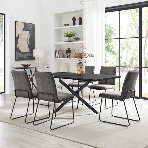 Furniturebox UK Leonardo Black Top Dining Table and 6 Halle Fabric Chairs, Dark Grey