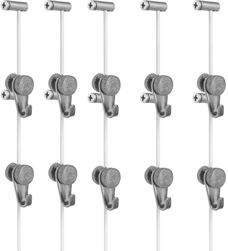 RM Nylon - Ganci per appendere quadri, portata 15 kg, regolabile in altezza senza attrezzi, per appendere diversi quadri per filo, ideale per uso domestico, include binario guida e gancio (10 pezzi)